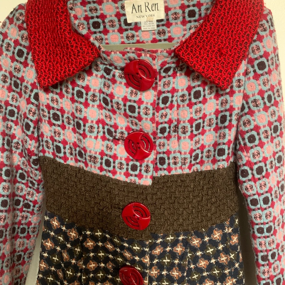 An Ren Red Collar Mixed-Pattern Pea Coat - Picture 2 of 16